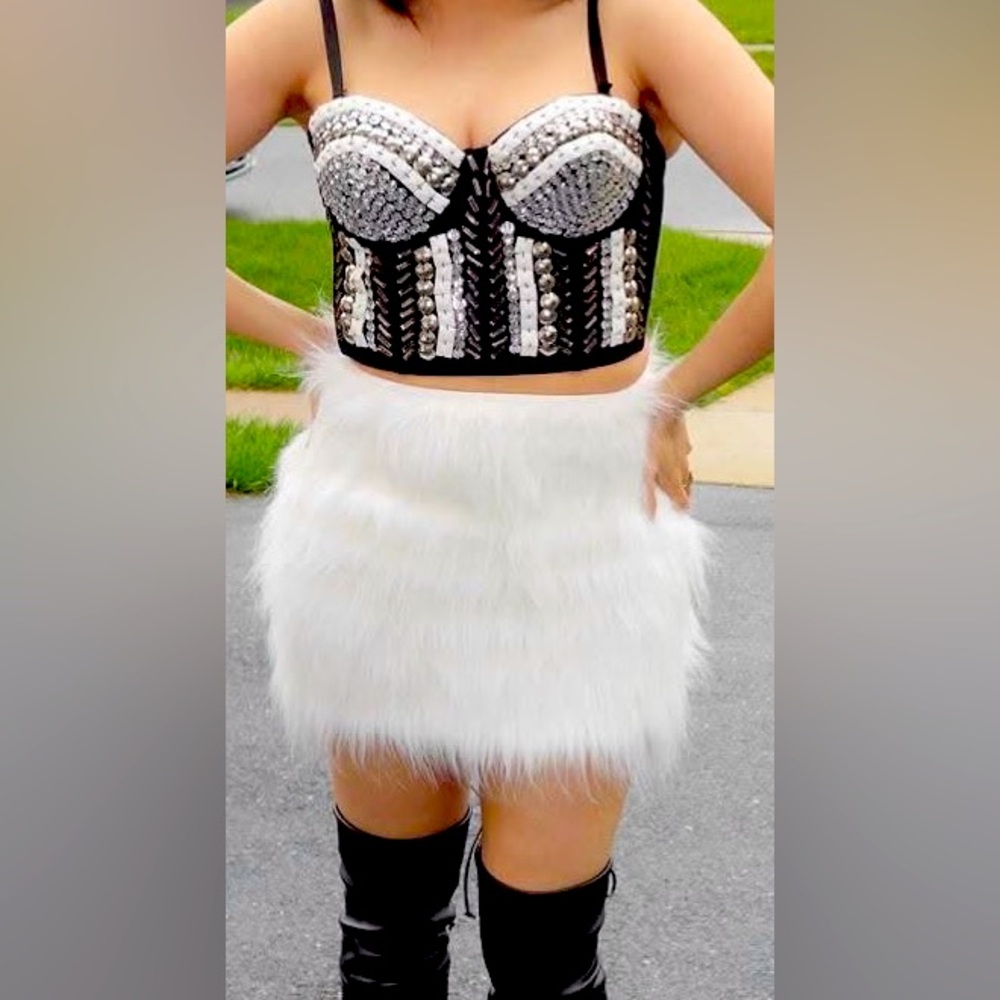 Black Beaded Crop Top with White Faux Fur Mini Skirt